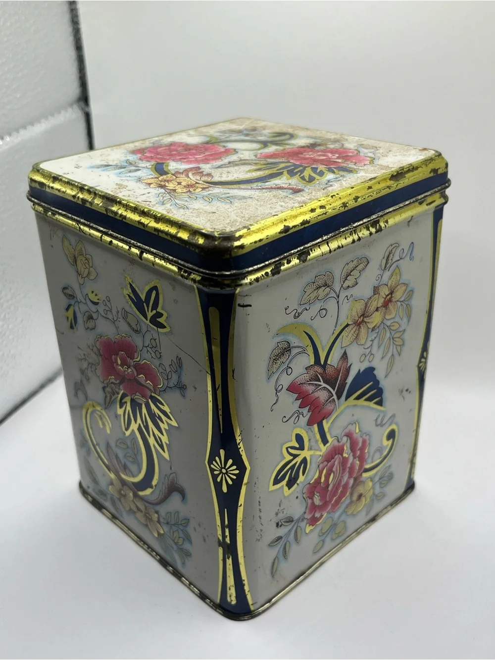 Vintage 1987 Floral Decorative Tin - Pink & Gold Accents